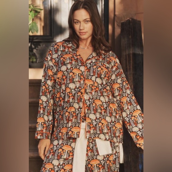 NWT Anthropologie Flannel Buttondown Pajama Top Mushroom Cottagecore, Size L